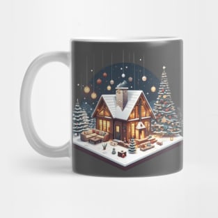 a warm and inviting cabin surrounded by a snowy landscape. there's elements like a crackling fireplace, decorated Christmas tree, and perhaps a family or group of friends enjoying the holiday season inside. Mug